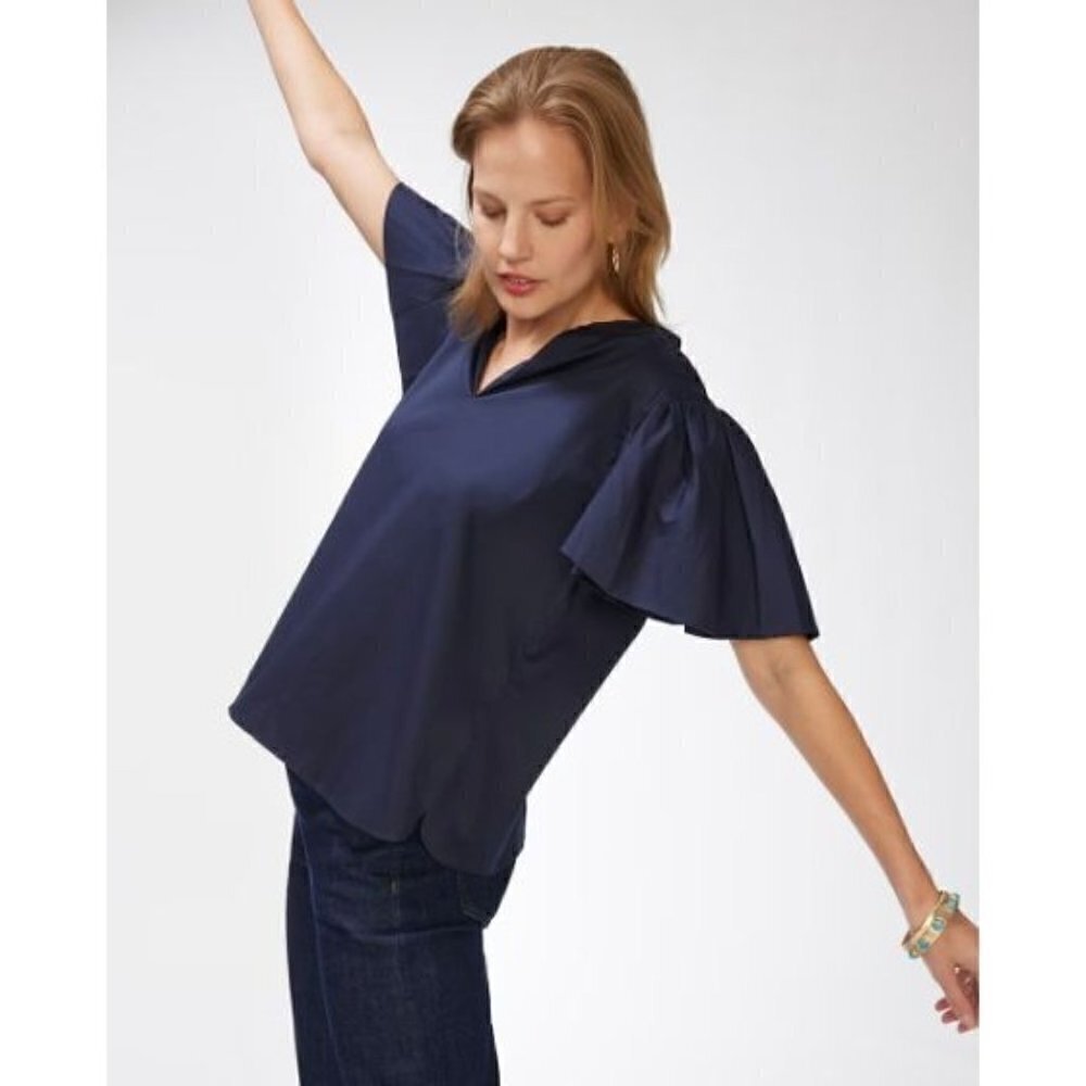 Chico'sโ Navy Blue Poplin Puff Sleeve Short Sleeve Blouse 1/M
